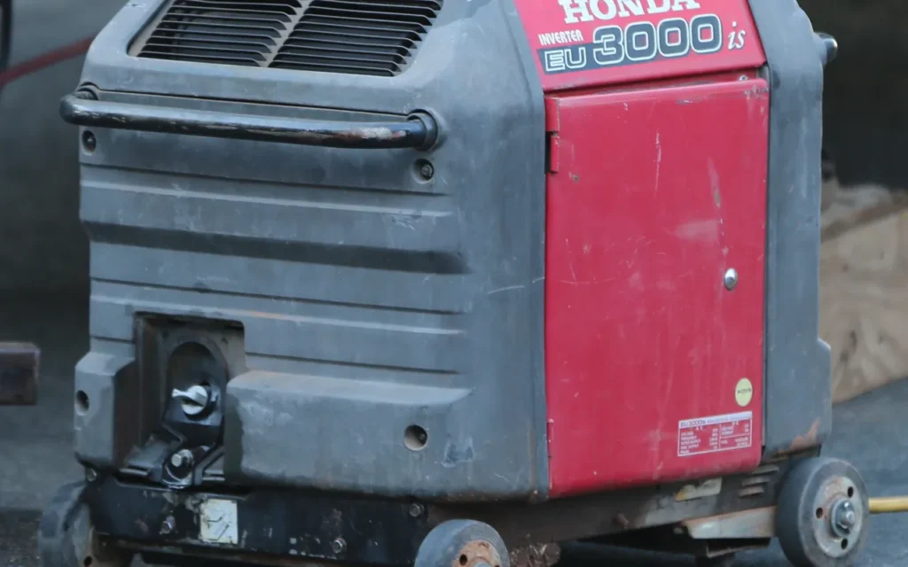 A red Honda EU3000is inverter generator standing on pavement