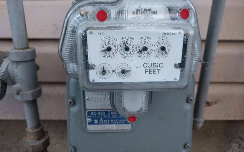 A residential natural gas meter with cubic-feet dials on the side of a house