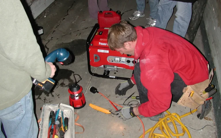 An electrician kneeling on a floor with tools and cable, working on an electrical installation