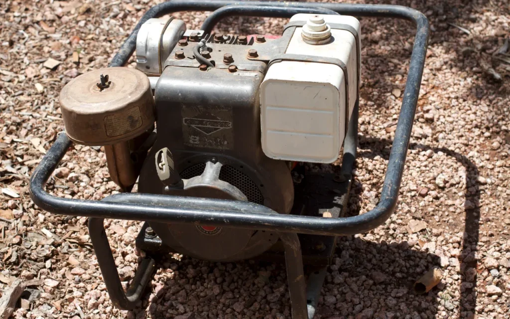 An older open-frame portable generator with exposed engine and tube frame on gravel