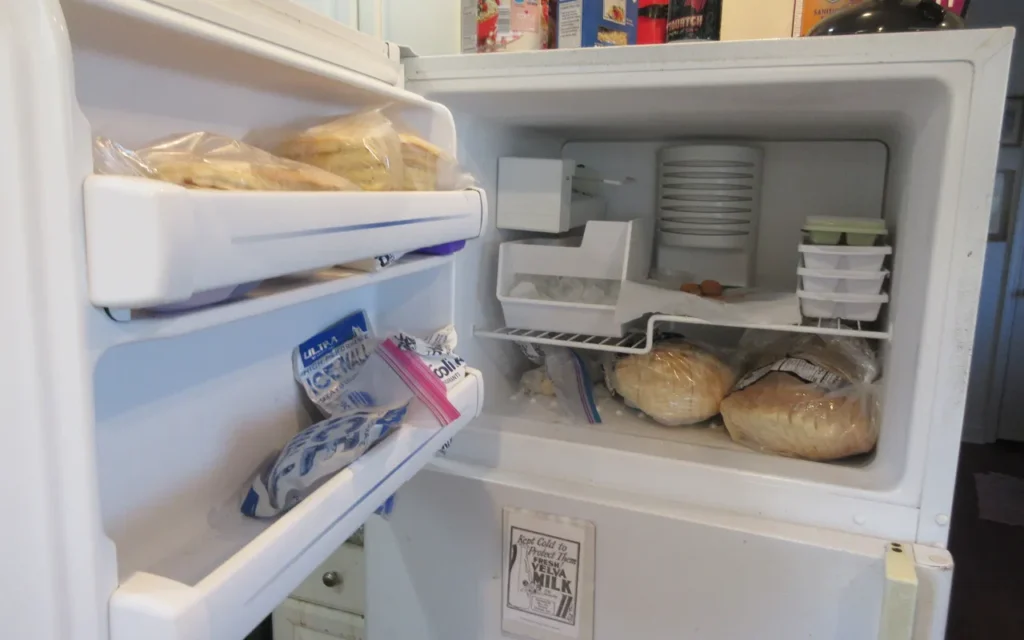 An open refrigerator and freezer stocked with food in a home kitchen