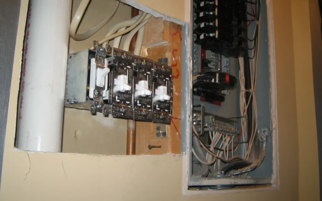 The bottom of a breaker panel with wall switches being wired below it