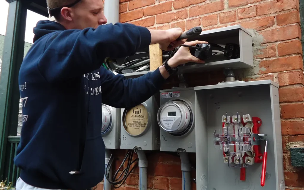 An electrician working on outdoor electric meters and service panels on a brick wall