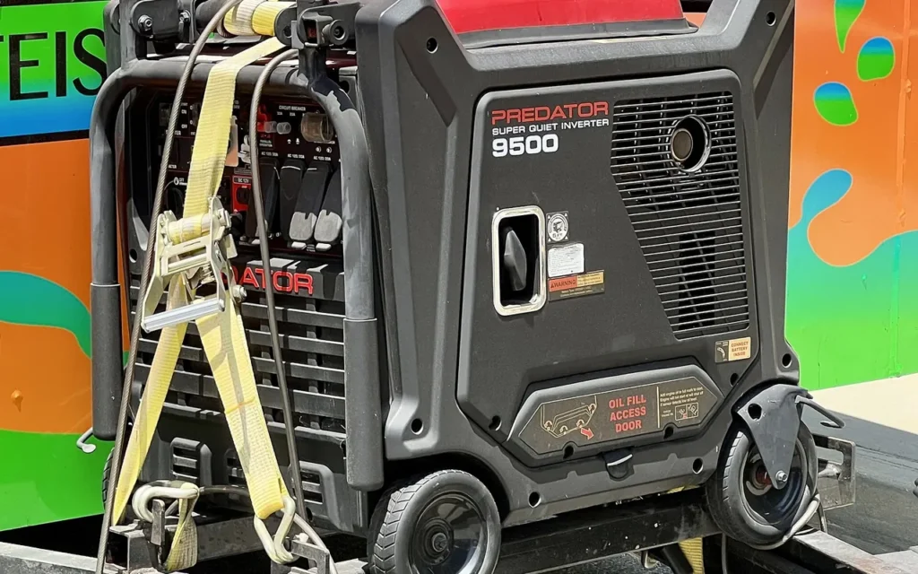 A large black enclosed inverter generator strapped down with a ratchet strap