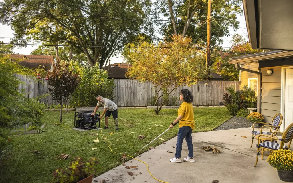 Two people setting up a portable generator in a backyard, well away from the house