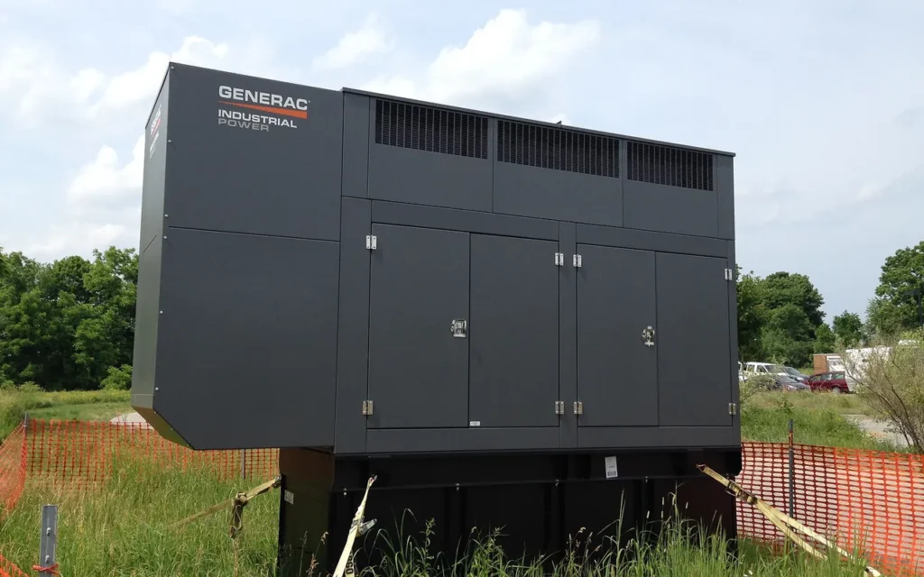 A large dark gray backup generator in a weatherproof enclosure on a gravel pad