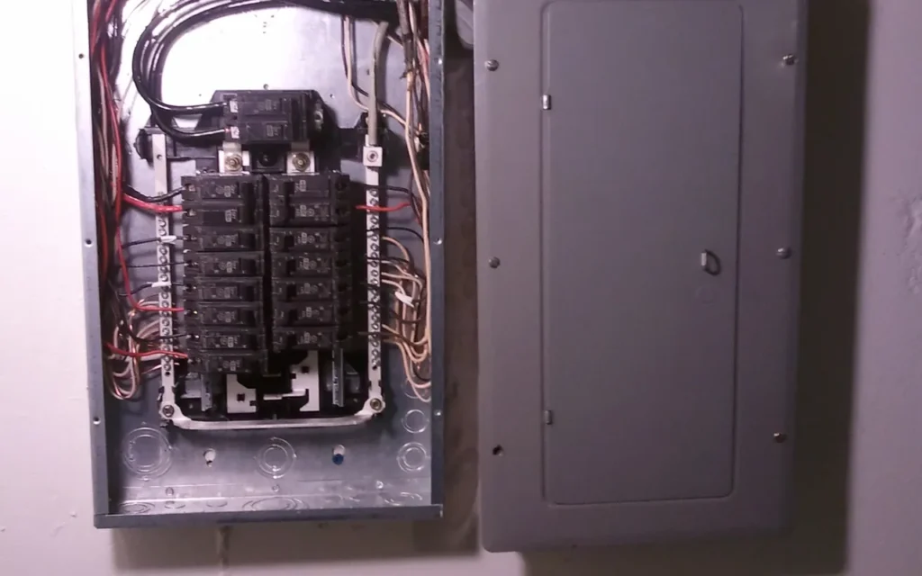 A home breaker panel beside a subpanel with its cover removed