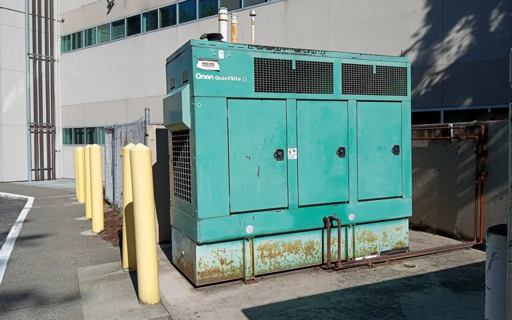 A green standby generator enclosure outside a commercial building