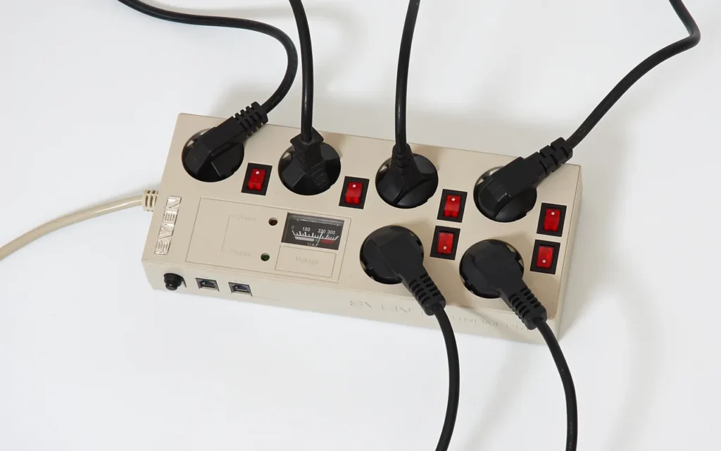 Two power strips plugged into an extension cord on the floor