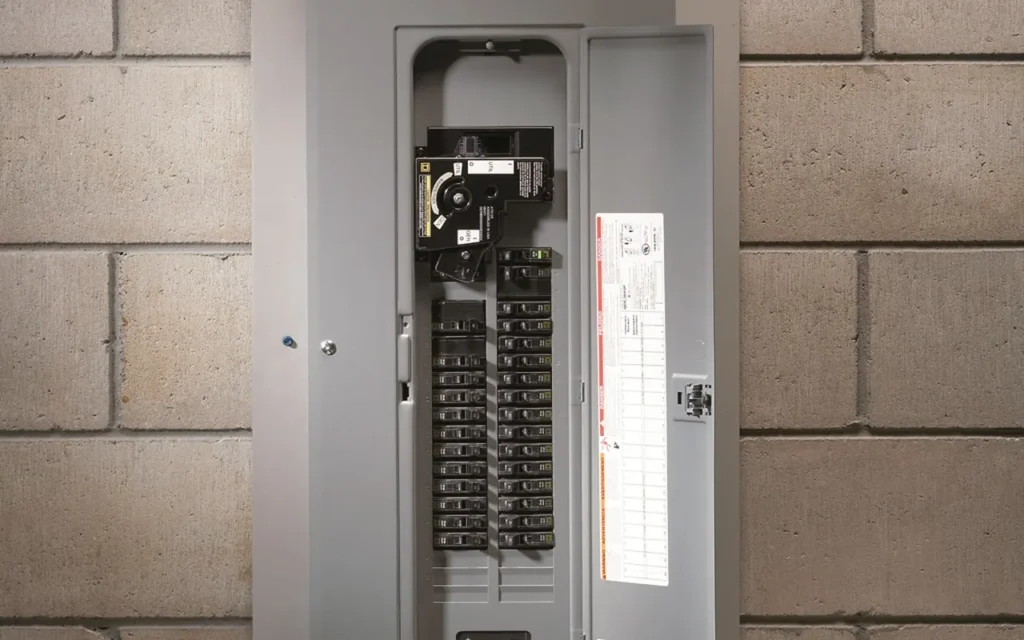 A wall-mounted automatic transfer switch with its door open, showing breakers inside